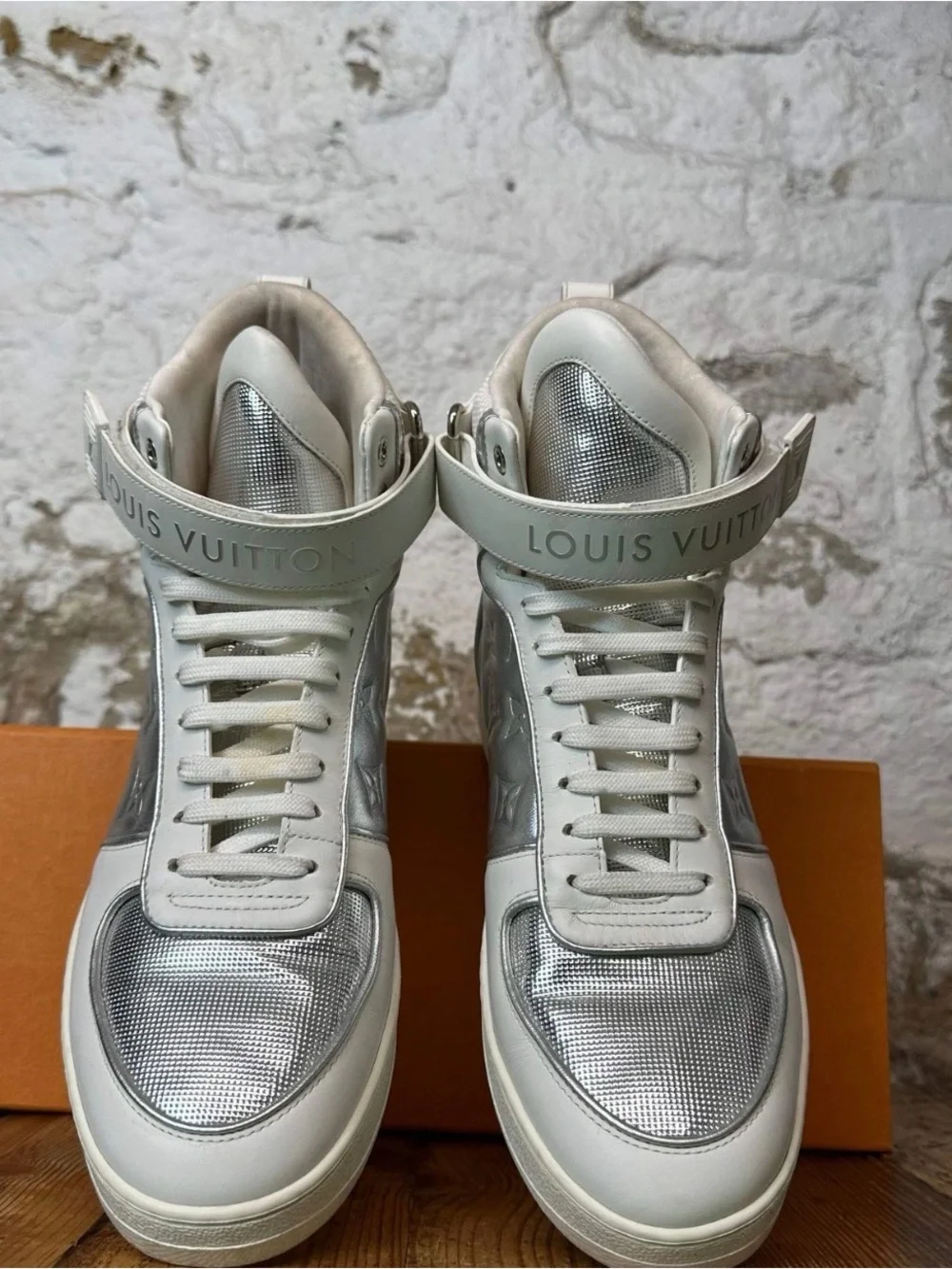 Louis Vuitton Silver & White High-Top Sneakers